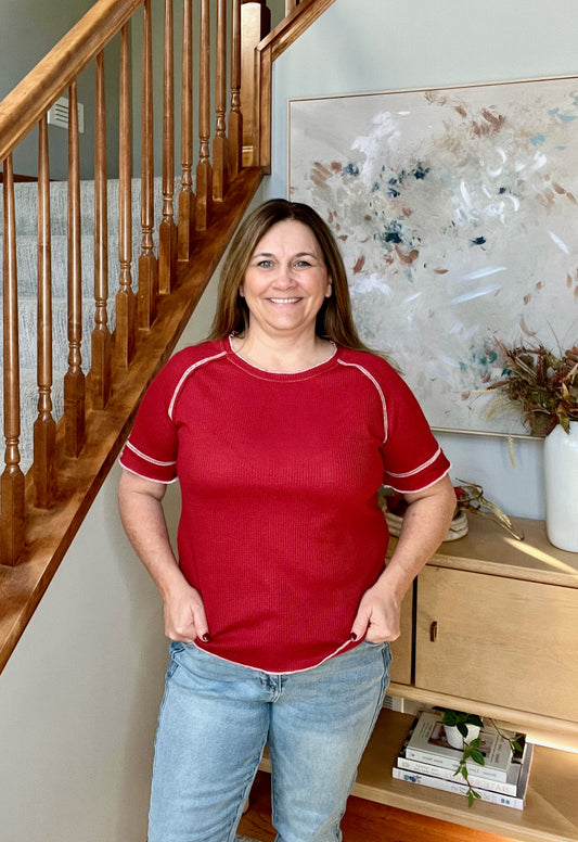 Heartbreaker Waffle Knit Tee in Cranberry