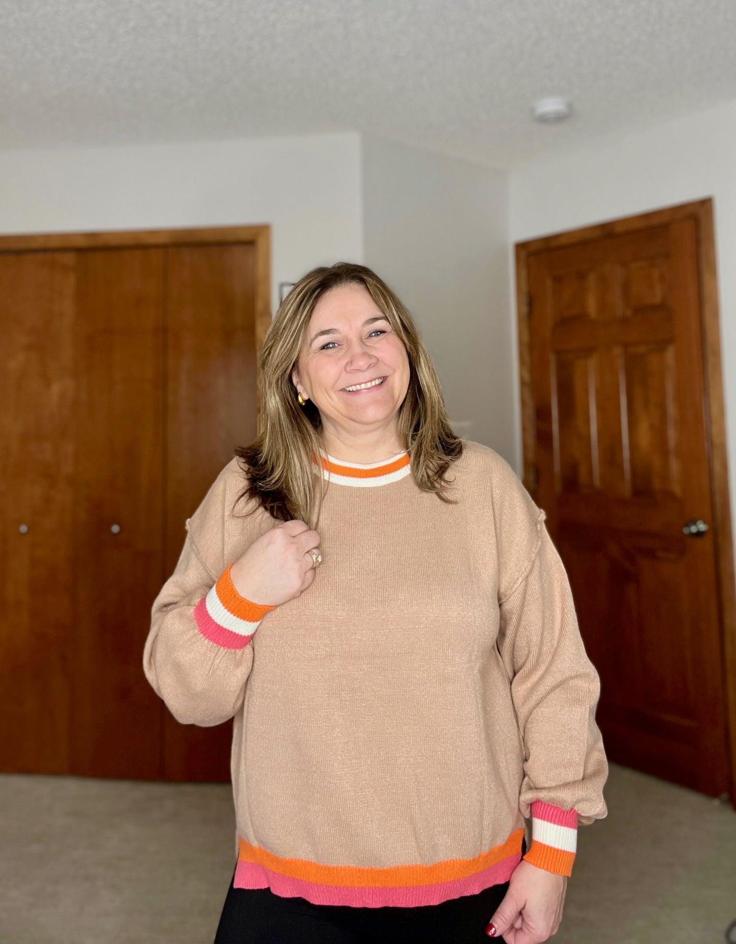 Conversational Moment Striped Trim Sweater