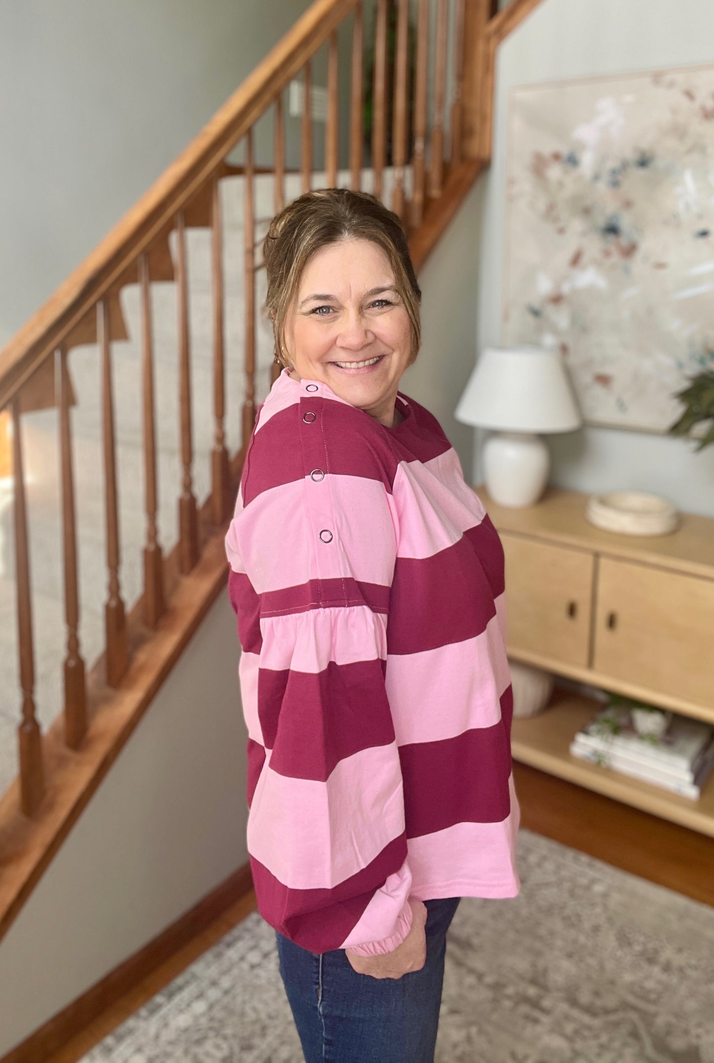 Stylin' Striped Snap Shoulder Long Sleeve Top