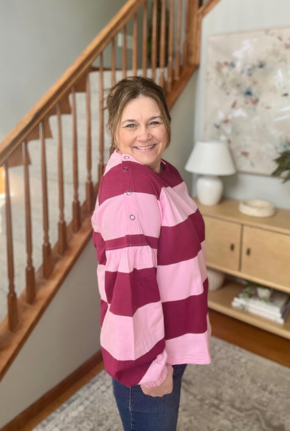 Stylin' Striped Snap Shoulder Long Sleeve Top