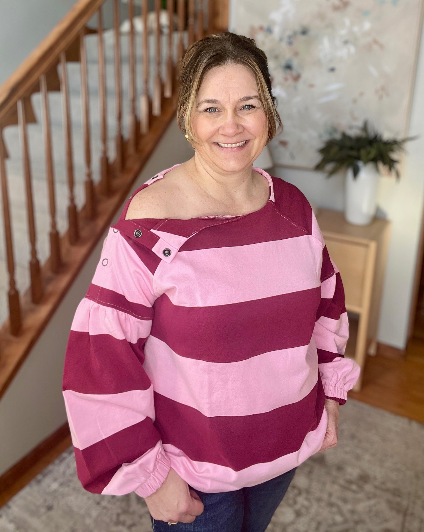 Stylin' Striped Snap Shoulder Long Sleeve Top