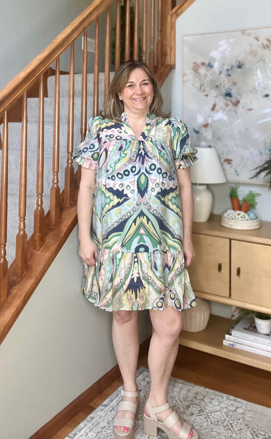 Boho Belle V-Neck Tiered Dress in Green Mix