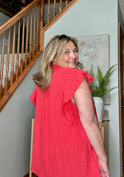 Float This Way Flutter Sleeve Blouse in Coral
