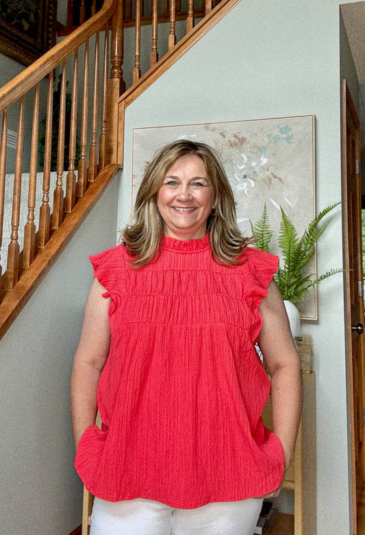 Float This Way Flutter Sleeve Blouse in Coral