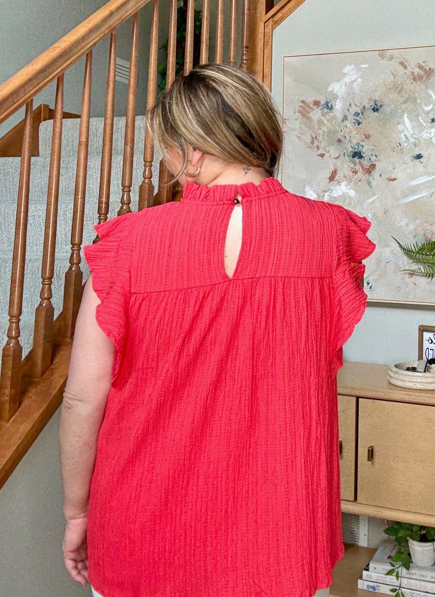 Float This Way Flutter Sleeve Blouse in Coral