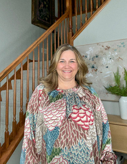 Boho Breeze Feather Print Peasant Blouse