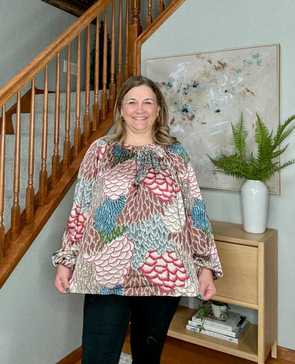 Boho Breeze Feather Print Peasant Blouse