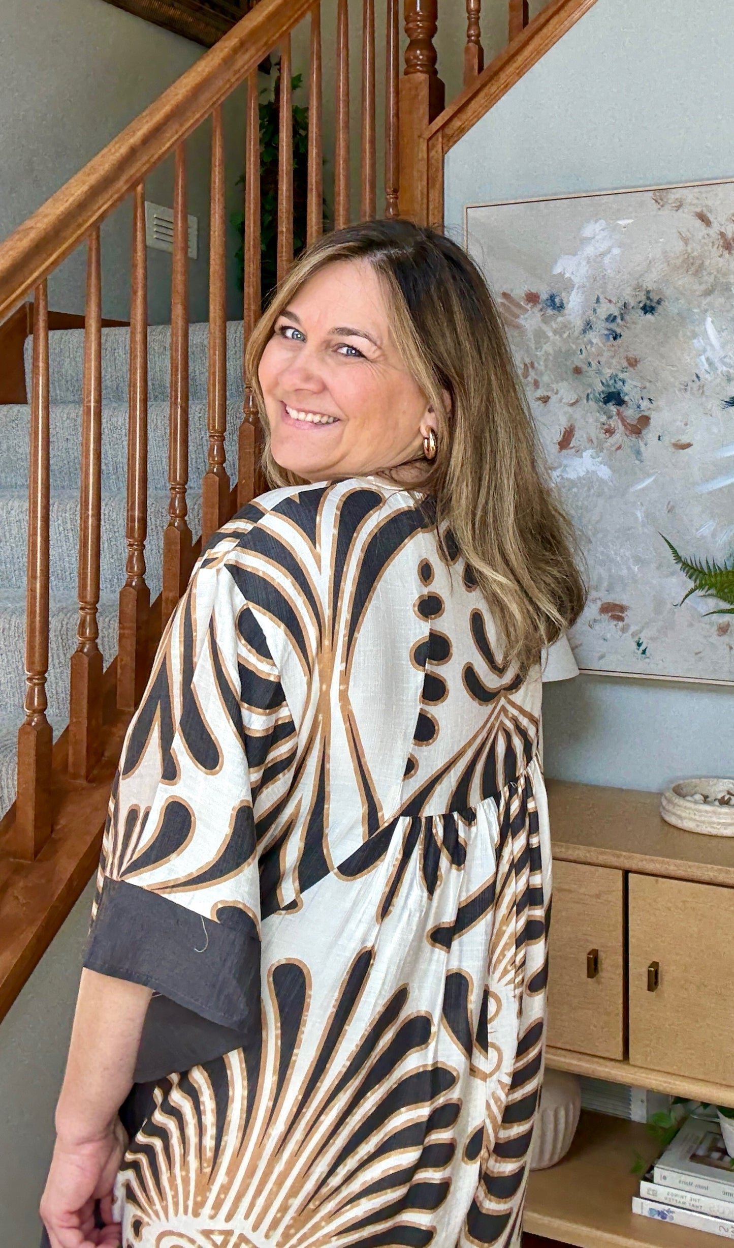 Abstract Print Kimono Sleeve Mini Dress