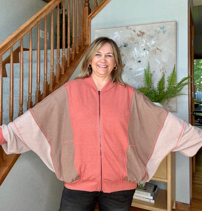 Boldy You Camel Dolman Sleeve Colorblock Knit Zip-Up Jacket