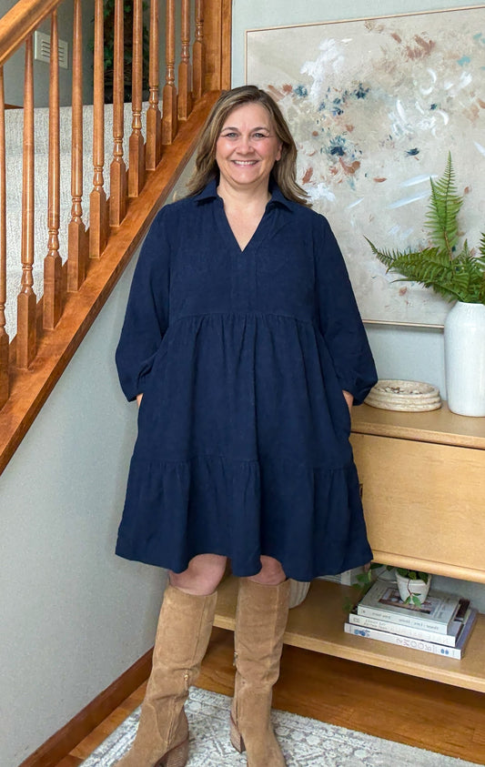 Navy Days Tiered Corduroy Mini Dress with Balloon Sleeves