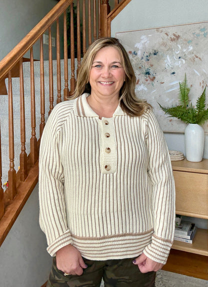 Hallie Half Button Ribbed Two Tone Knit Sweater