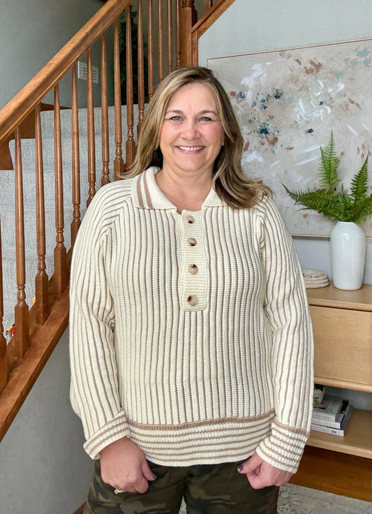 Hallie Half Button Ribbed Two Tone Knit Sweater