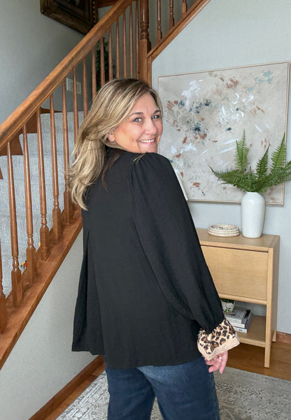 Haddie's Half Button Blouse with Leopard Print Trim