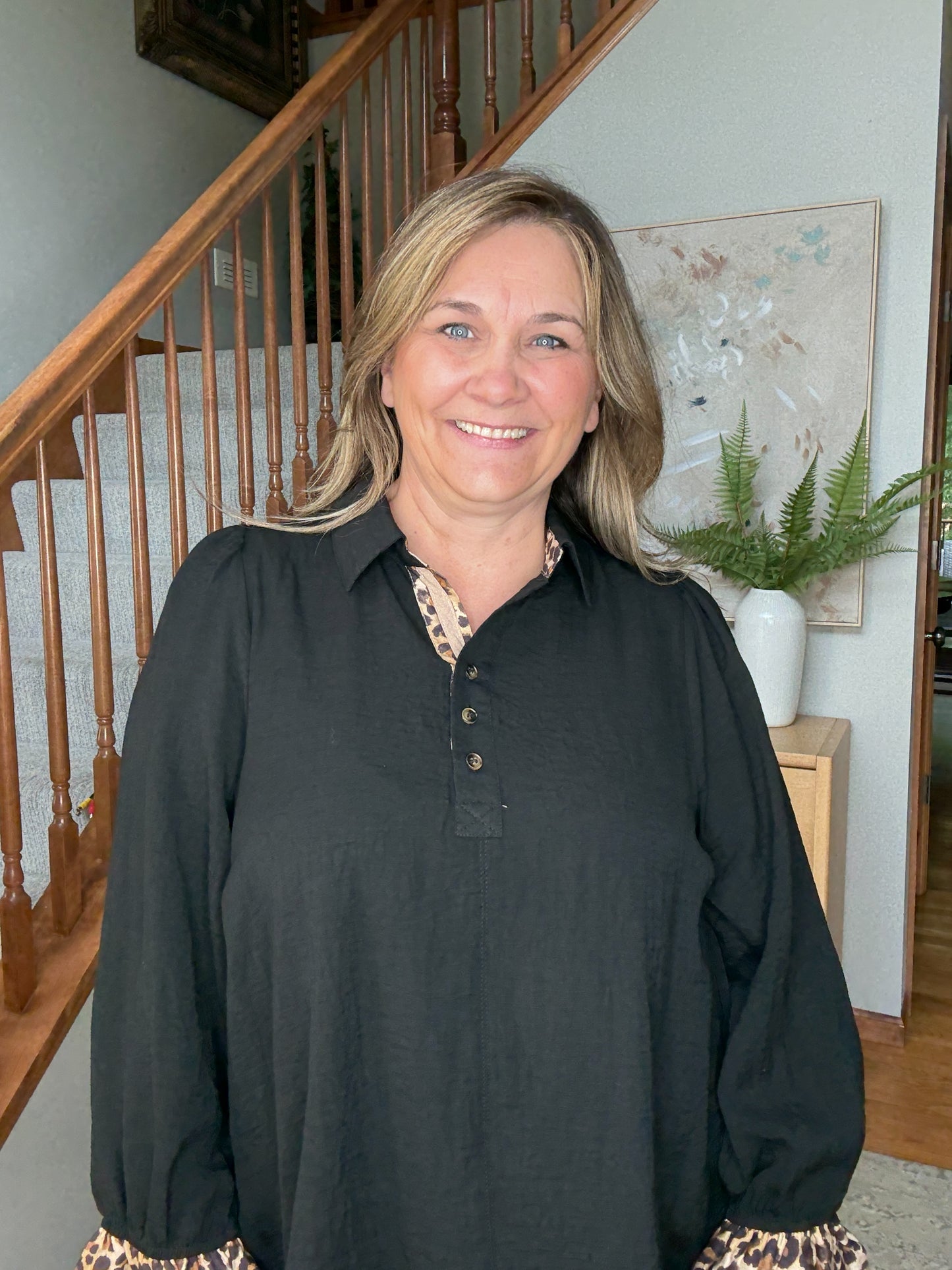 Haddie's Half Button Blouse with Leopard Print Trim