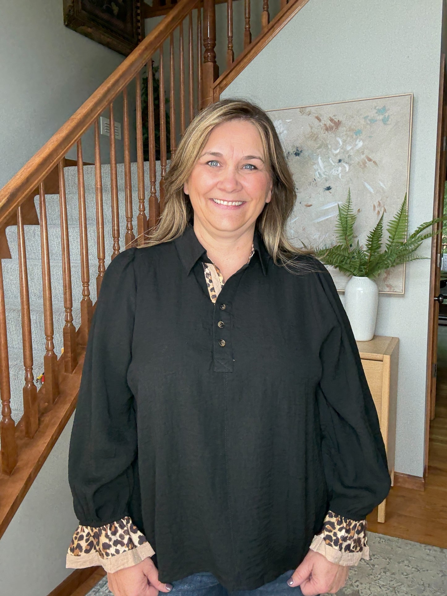 Haddie's Half Button Blouse with Leopard Print Trim