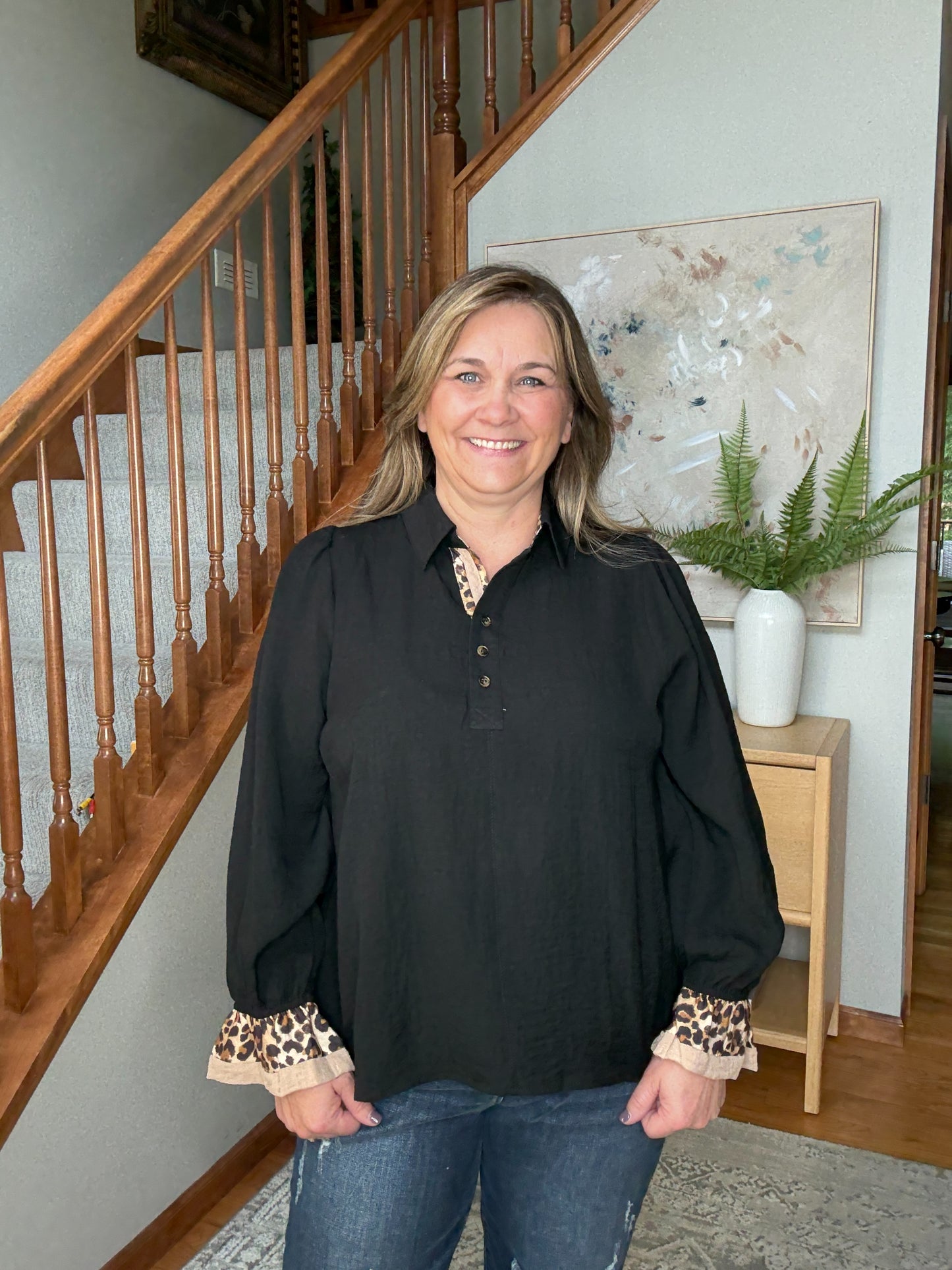 Haddie's Half Button Blouse with Leopard Print Trim