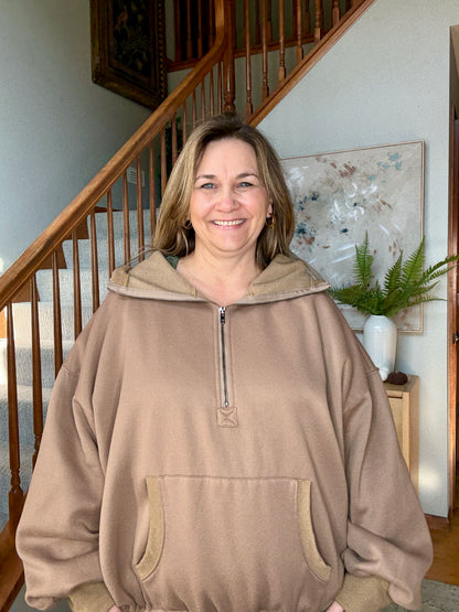 Cocoa Bliss Elastic Hem Oversized Half Zip Fleece Hoodie