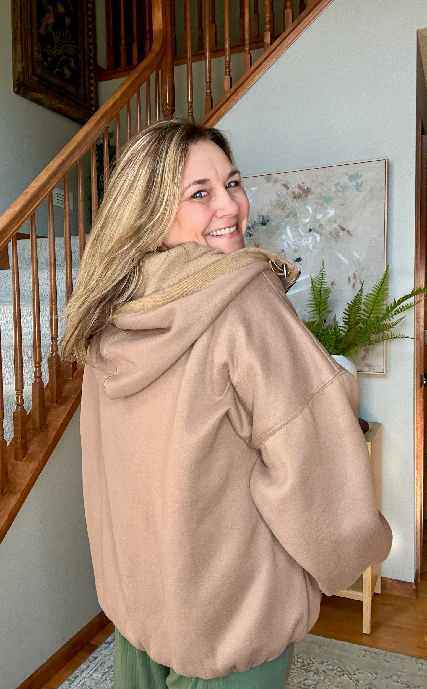 Cocoa Bliss Elastic Hem Oversized Half Zip Fleece Hoodie