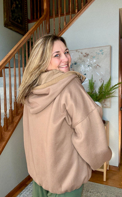 Cocoa Bliss Elastic Hem Oversized Half Zip Fleece Hoodie