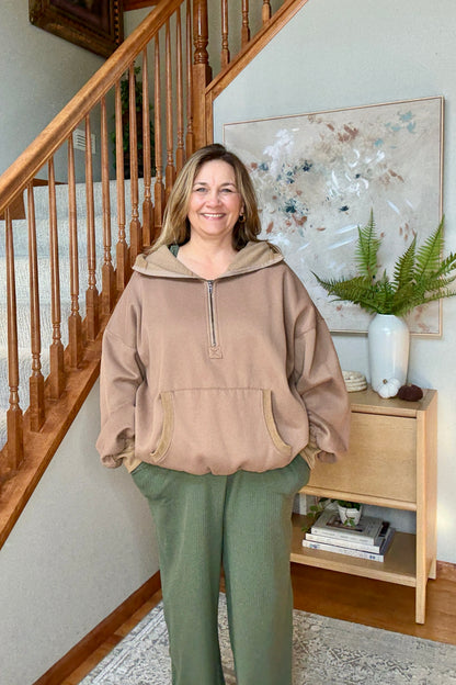 Cocoa Bliss Elastic Hem Oversized Half Zip Fleece Hoodie