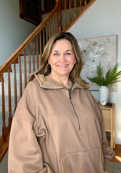 Cocoa Bliss Elastic Hem Oversized Half Zip Fleece Hoodie