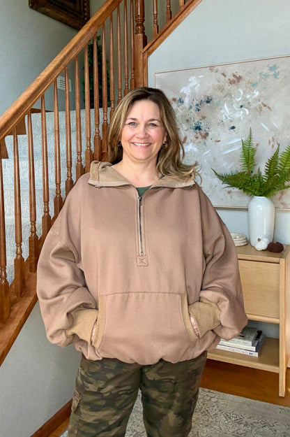 Cocoa Bliss Elastic Hem Oversized Half Zip Fleece Hoodie