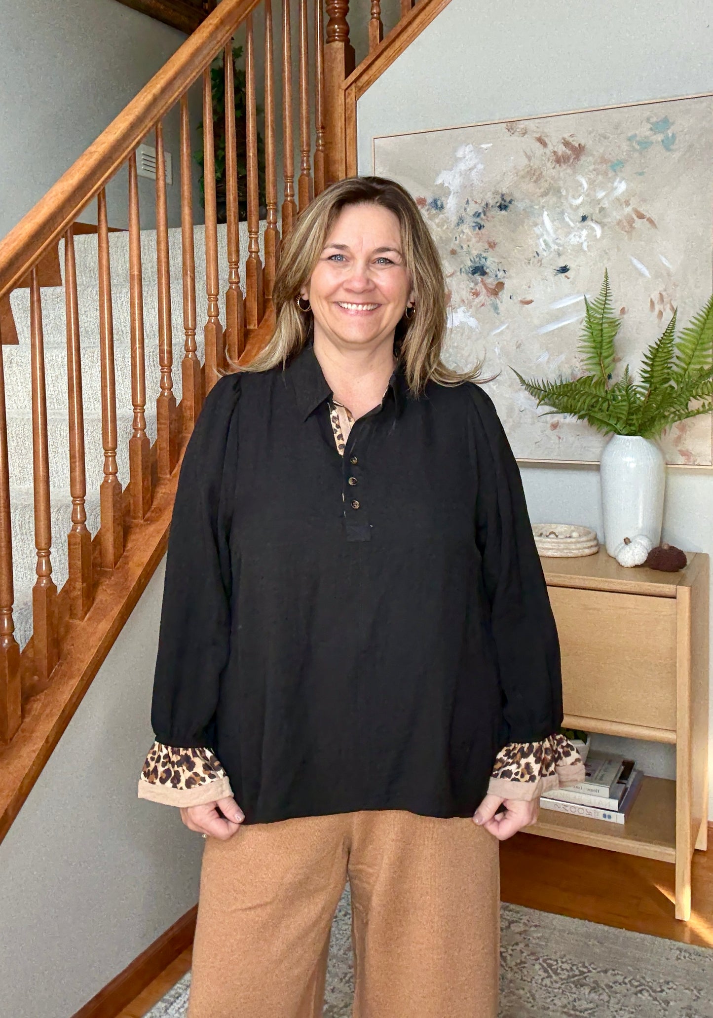 Haddie's Half Button Blouse with Leopard Print Trim