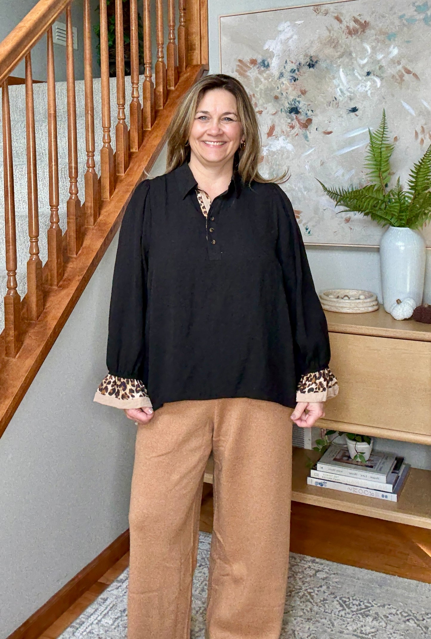 Haddie's Half Button Blouse with Leopard Print Trim
