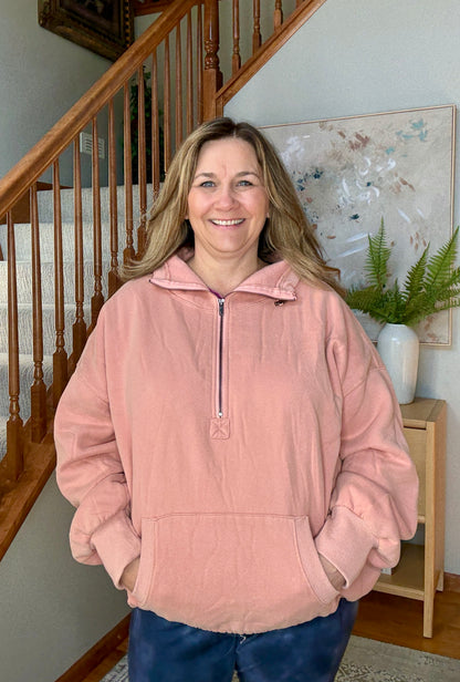 Terra Cotta Bliss Elastic Hem Oversized Half Zip Fleece Hoodie
