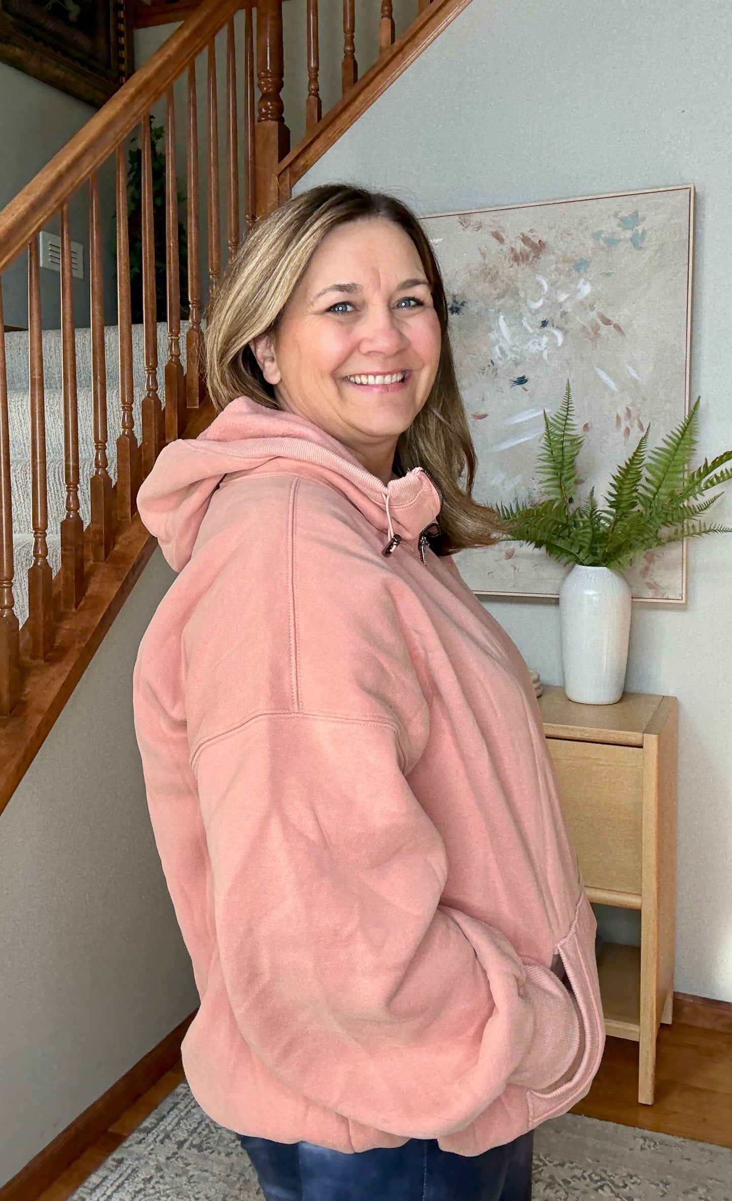 Terra Cotta Bliss Elastic Hem Oversized Half Zip Fleece Hoodie