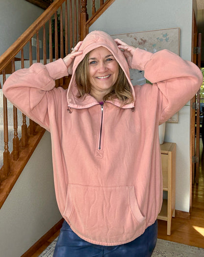 Terra Cotta Bliss Elastic Hem Oversized Half Zip Fleece Hoodie