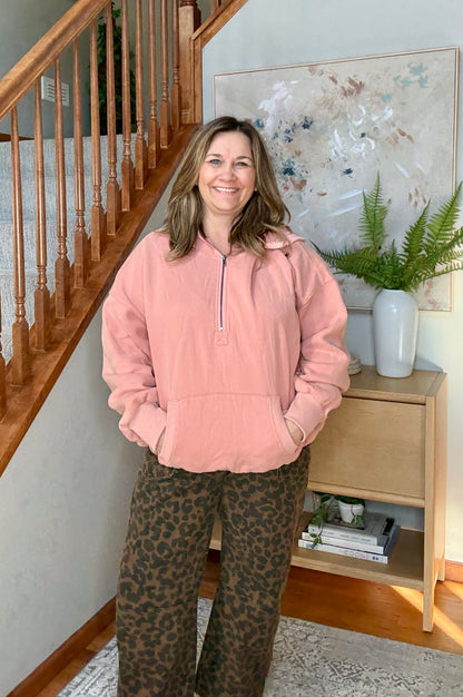 Terra Cotta Bliss Elastic Hem Oversized Half Zip Fleece Hoodie
