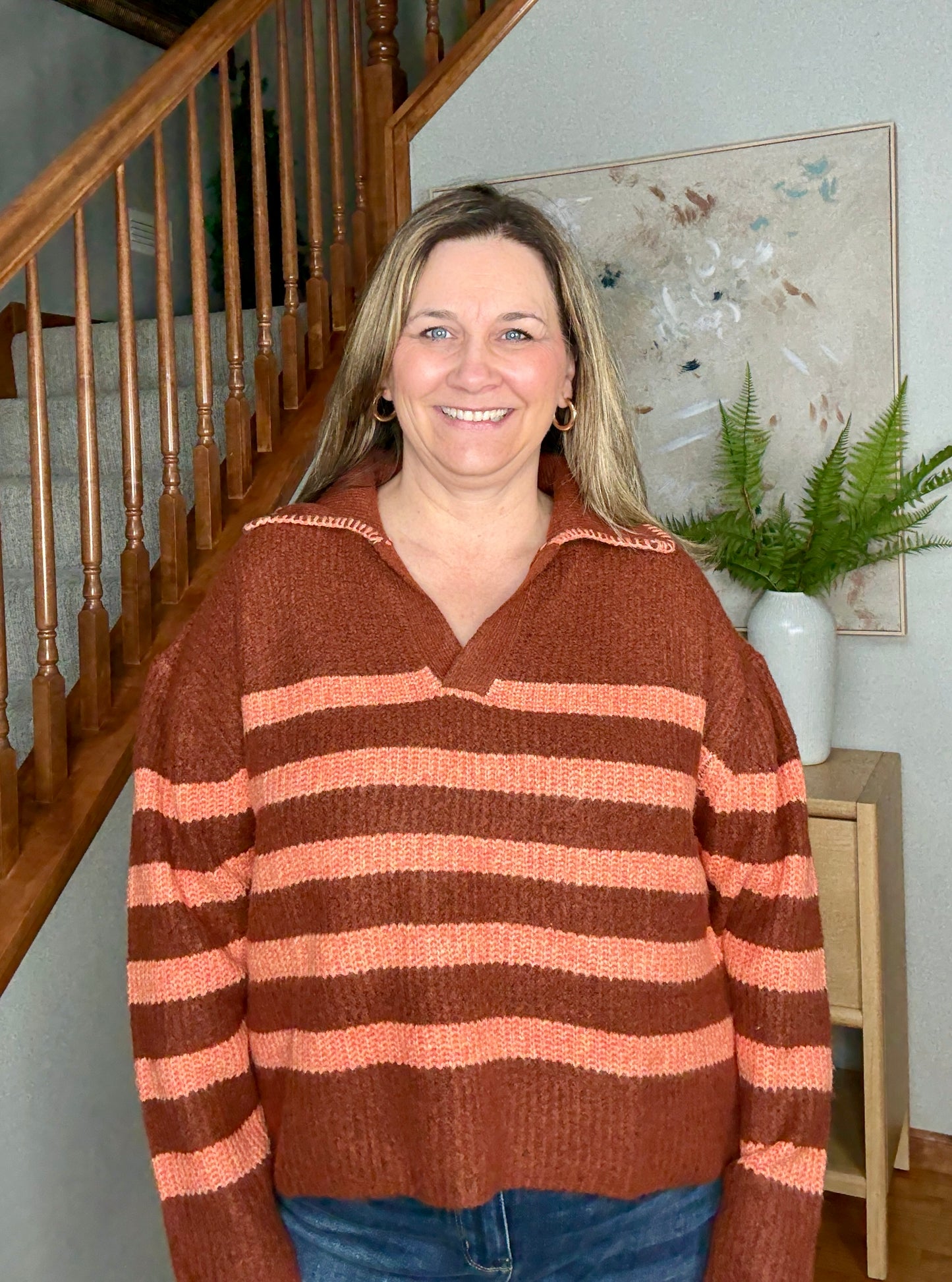 Striped Long Sleeve Sweater with Collar Stitched Details