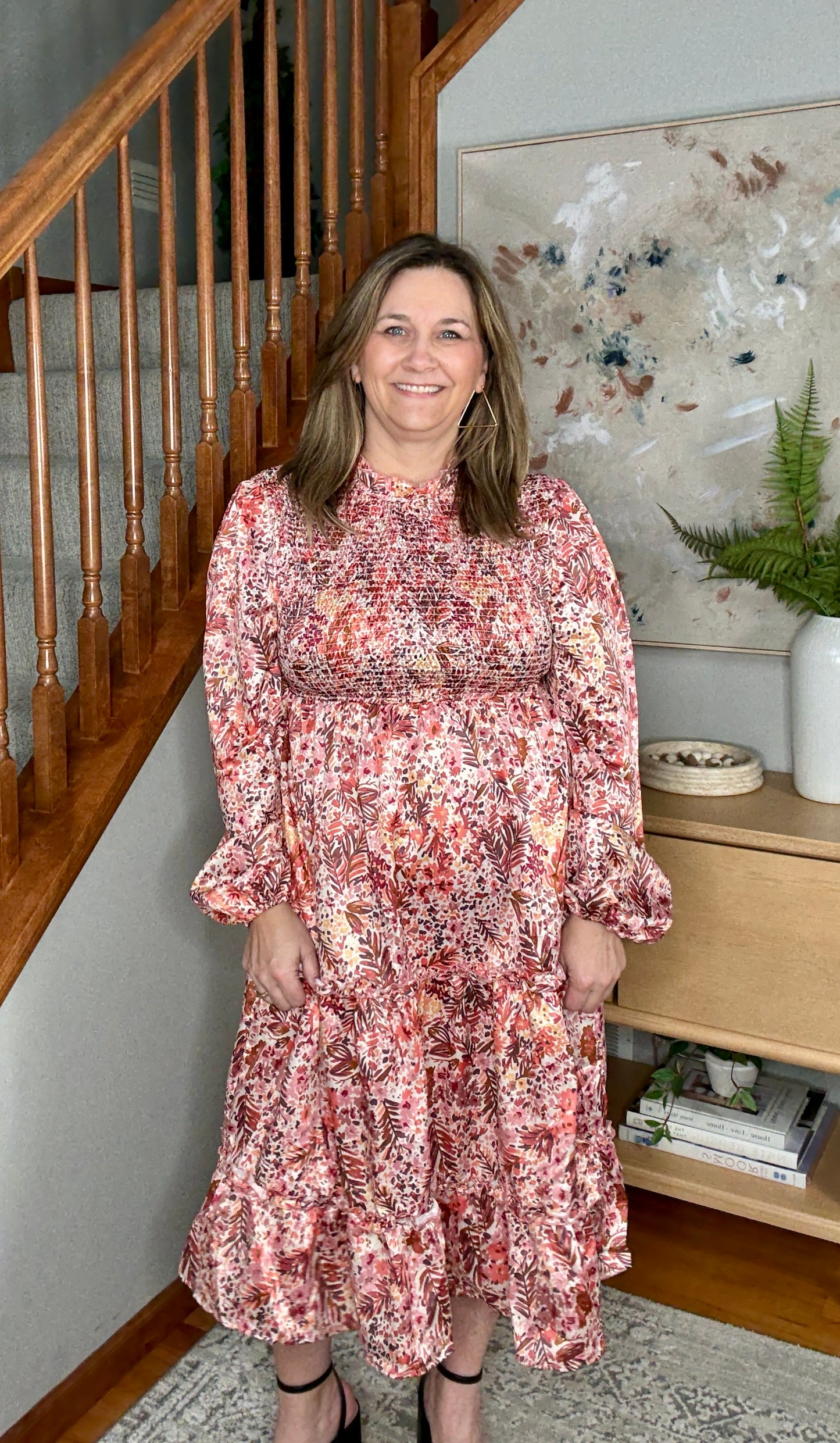 Bloom and Twirl Satin Floral Long Sleeve Dress