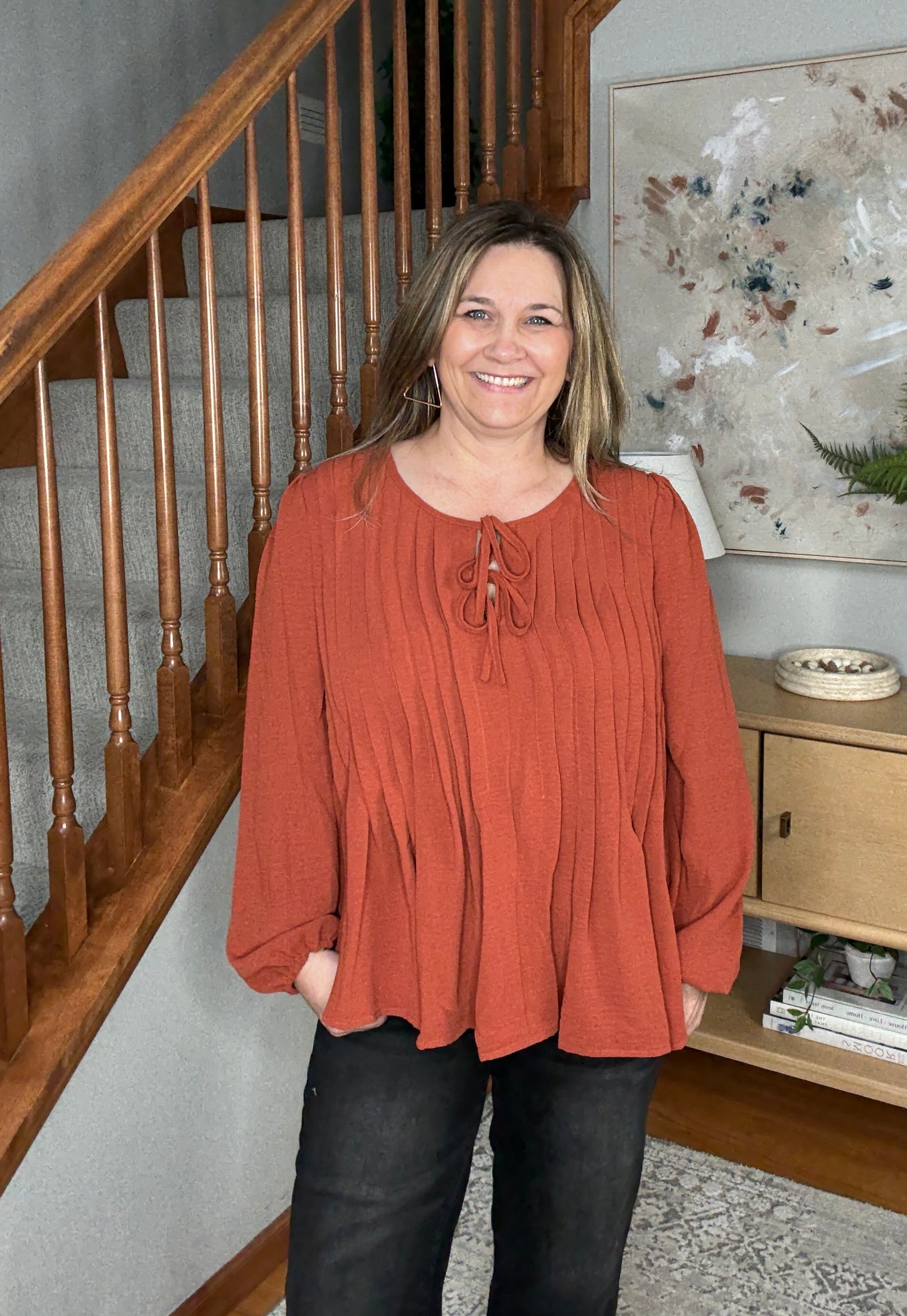 Copper Charm Pleated Long Sleeve Blouse