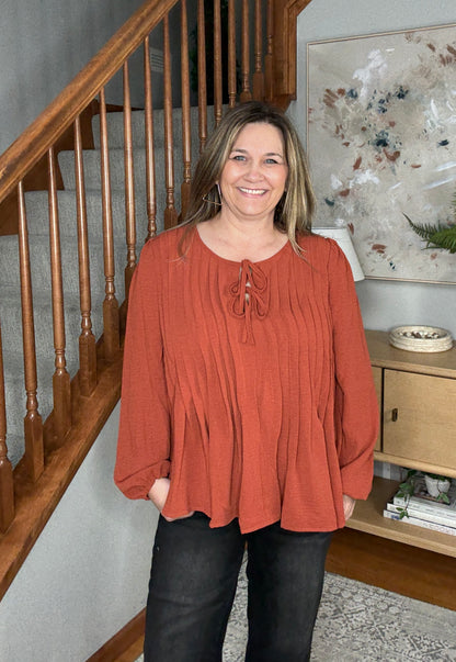 Copper Charm Pleated Long Sleeve Blouse