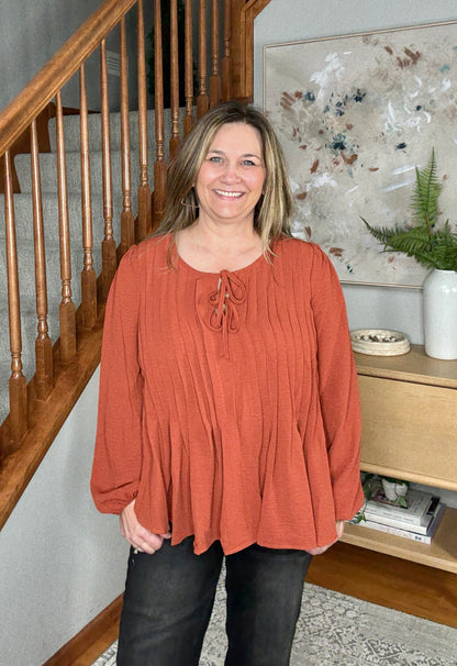 Copper Charm Pleated Long Sleeve Blouse