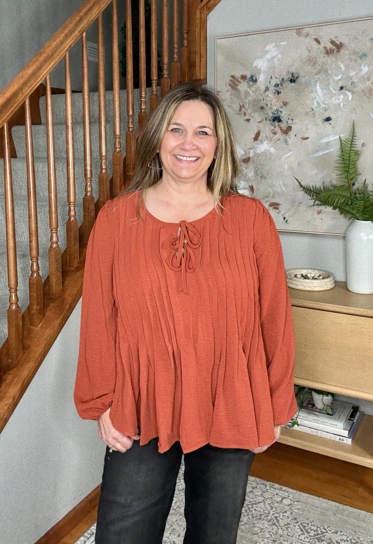 Sipping Apple Cider Tie Neck Blouse