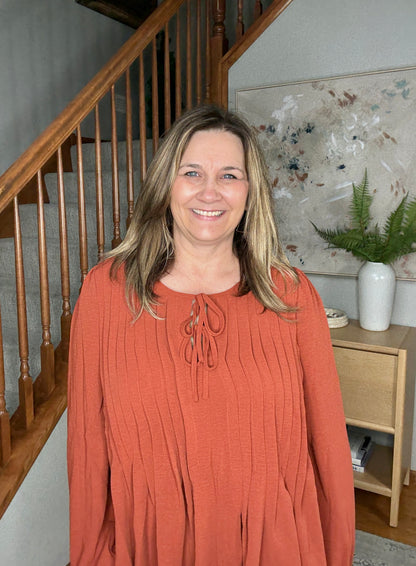 Copper Charm Pleated Long Sleeve Blouse