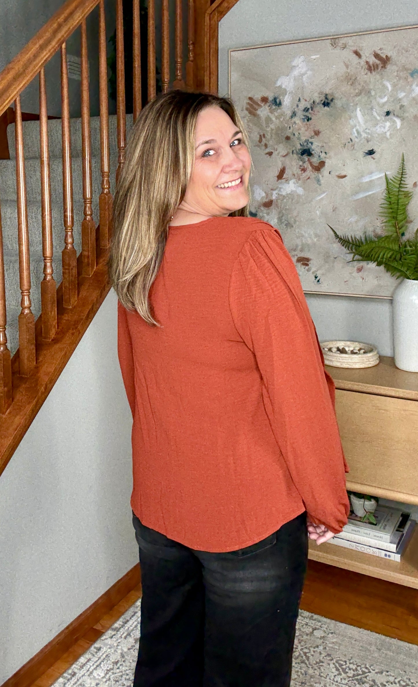 Copper Charm Pleated Long Sleeve Blouse