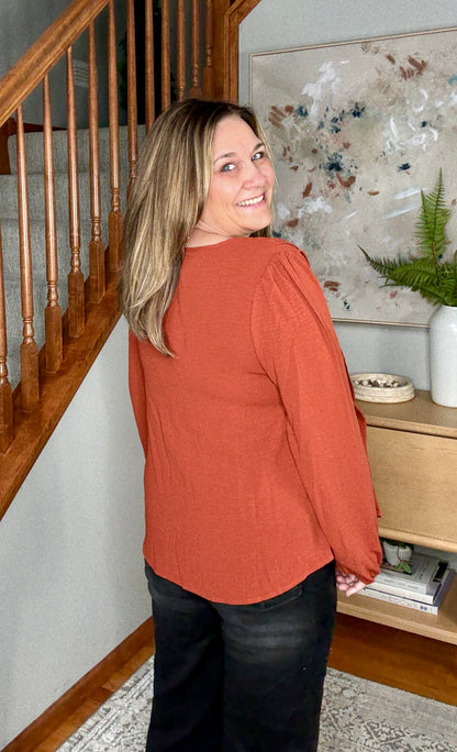 Copper Charm Pleated Long Sleeve Blouse