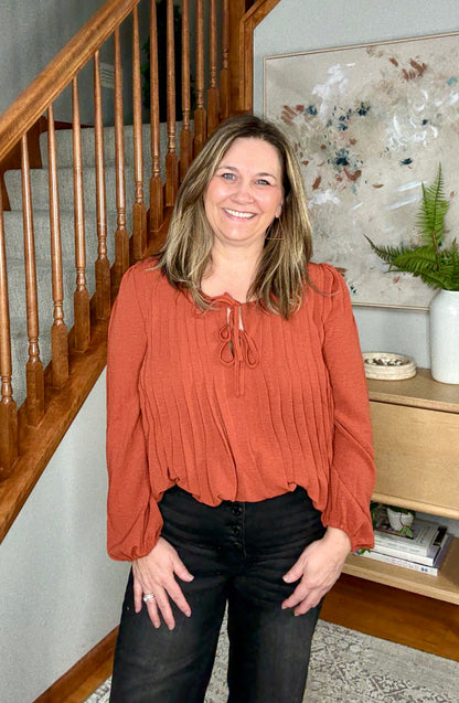 Copper Charm Pleated Long Sleeve Blouse