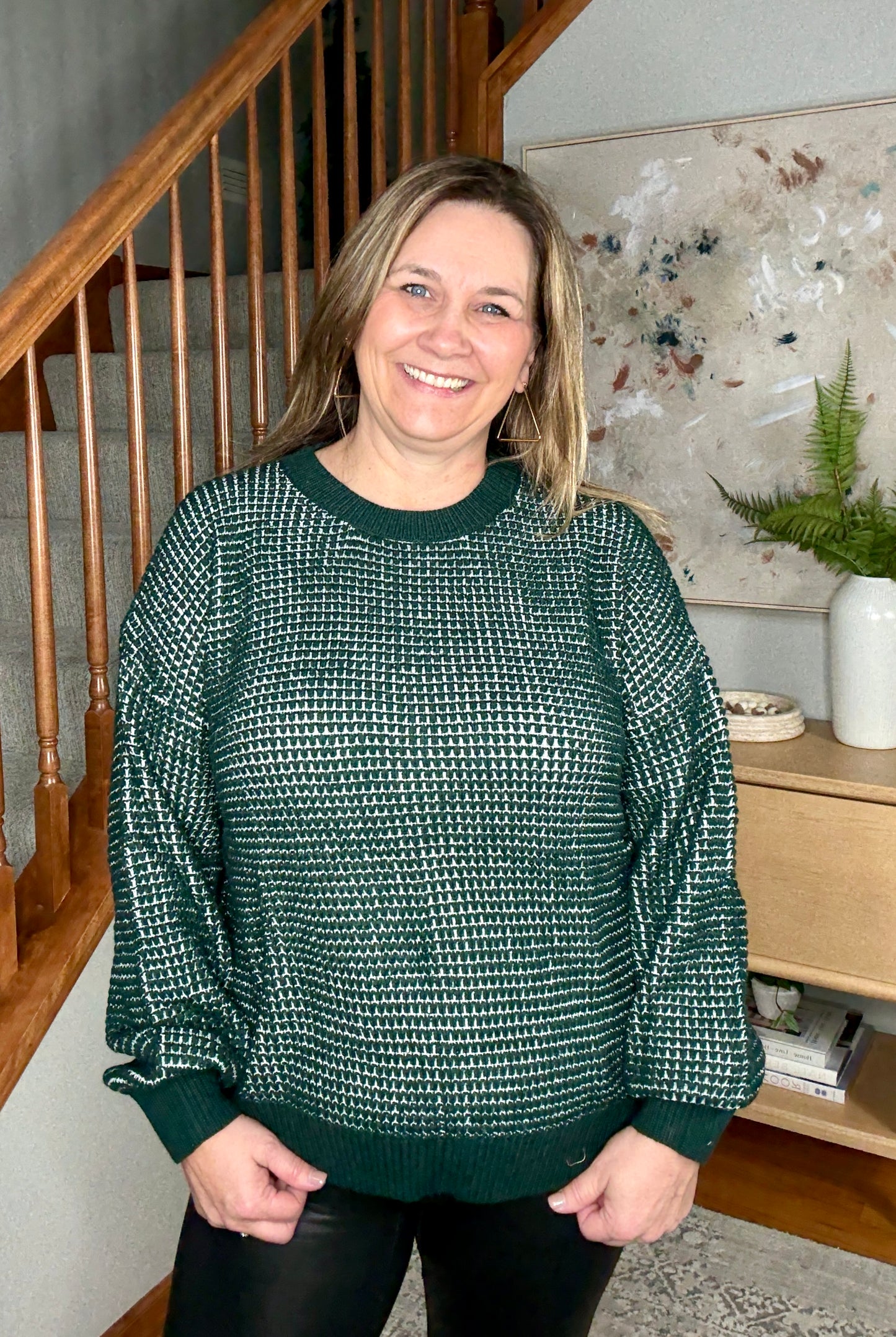 My Carolina Textured Dark Green Crew Neck Sweater