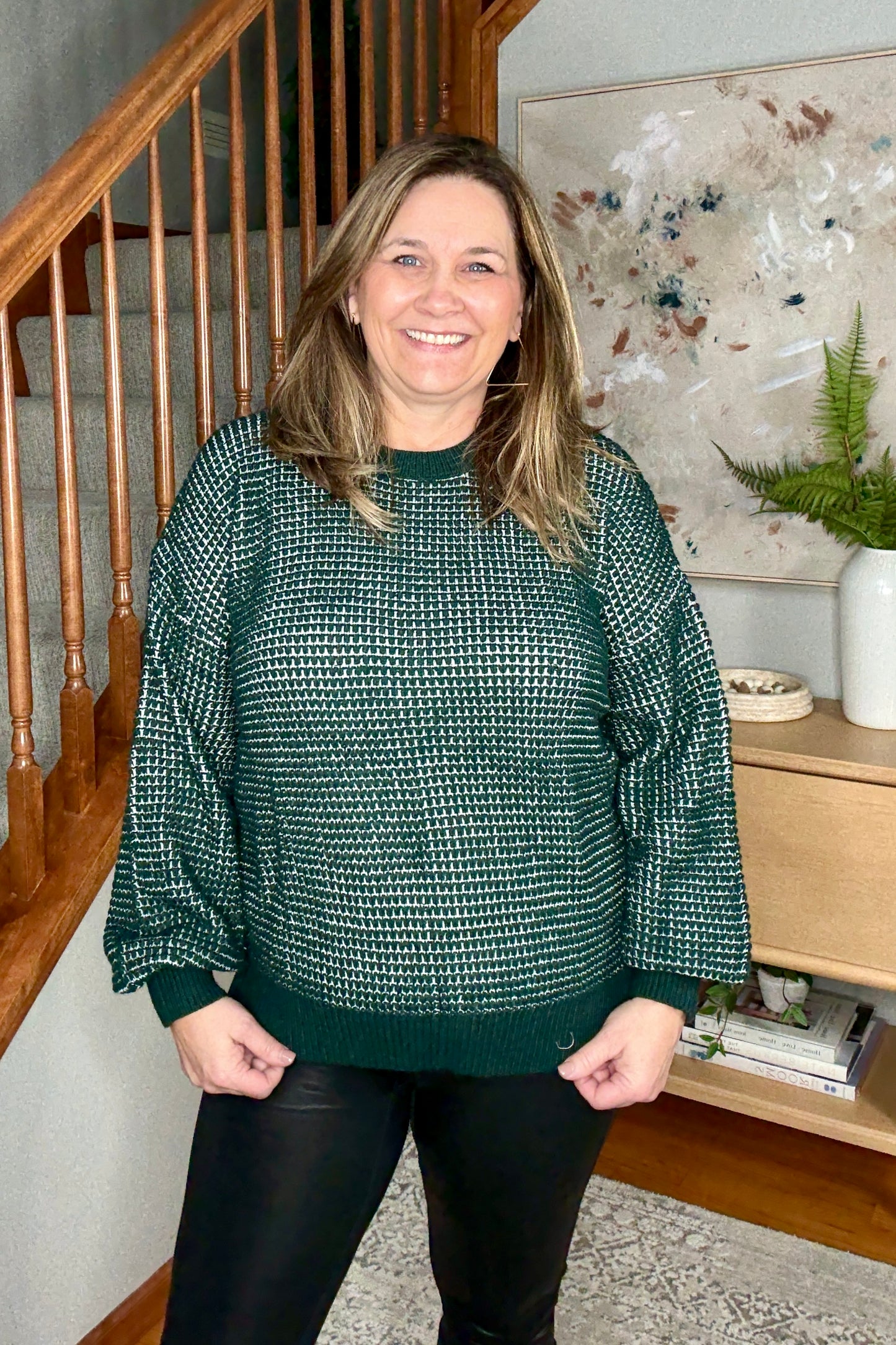 My Carolina Textured Dark Green Crew Neck Sweater