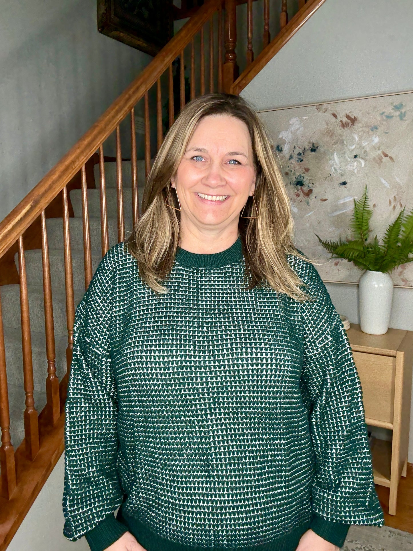 My Carolina Textured Dark Green Crew Neck Sweater