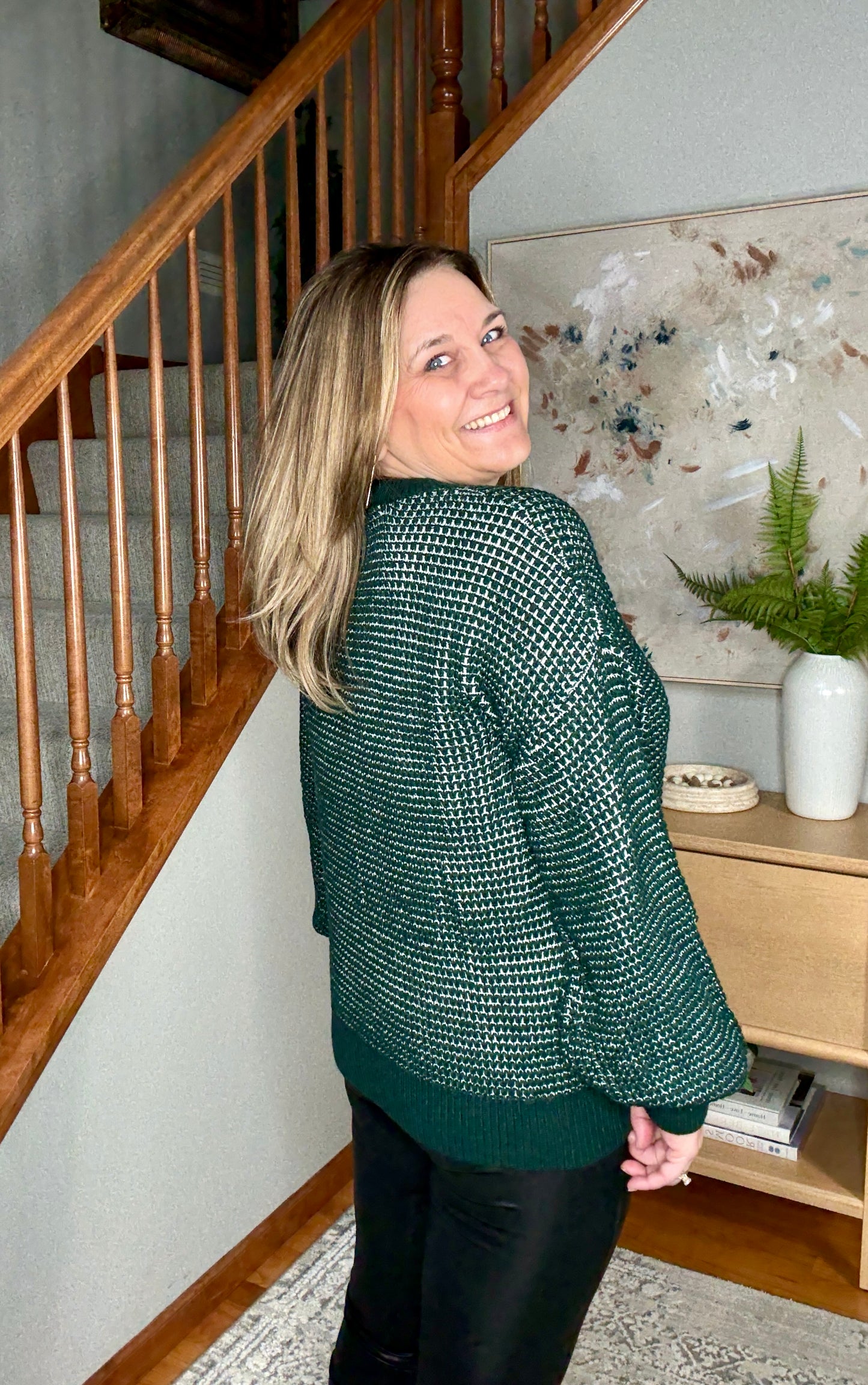 My Carolina Textured Dark Green Crew Neck Sweater