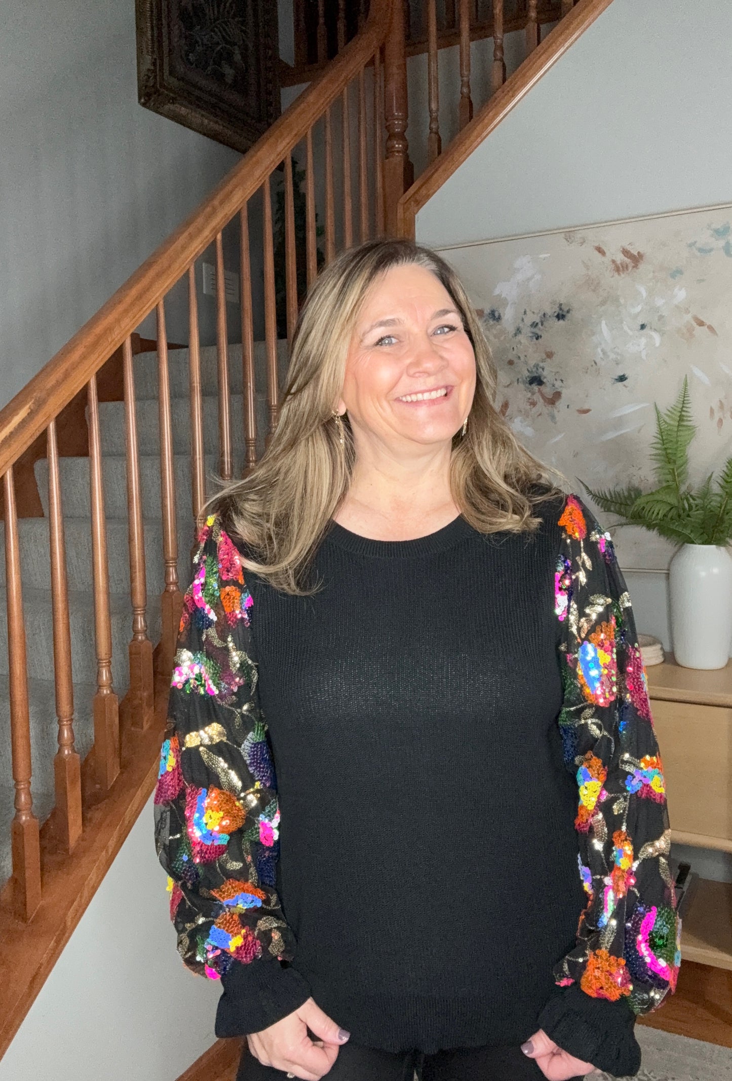 She is the Party Floral Sequins Mesh Sleeve Top