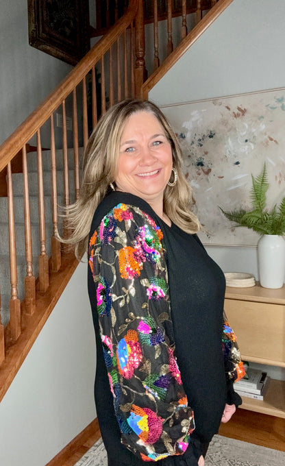 She is the Party Floral Sequins Mesh Sleeve Top