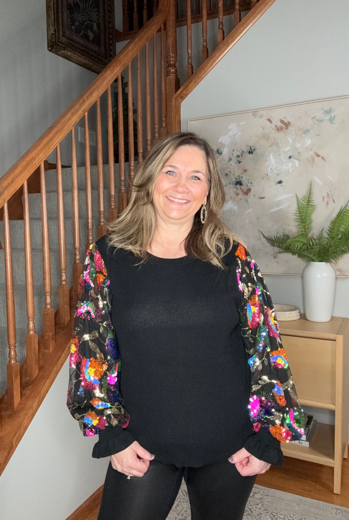 She is the Party Floral Sequins Mesh Sleeve Top