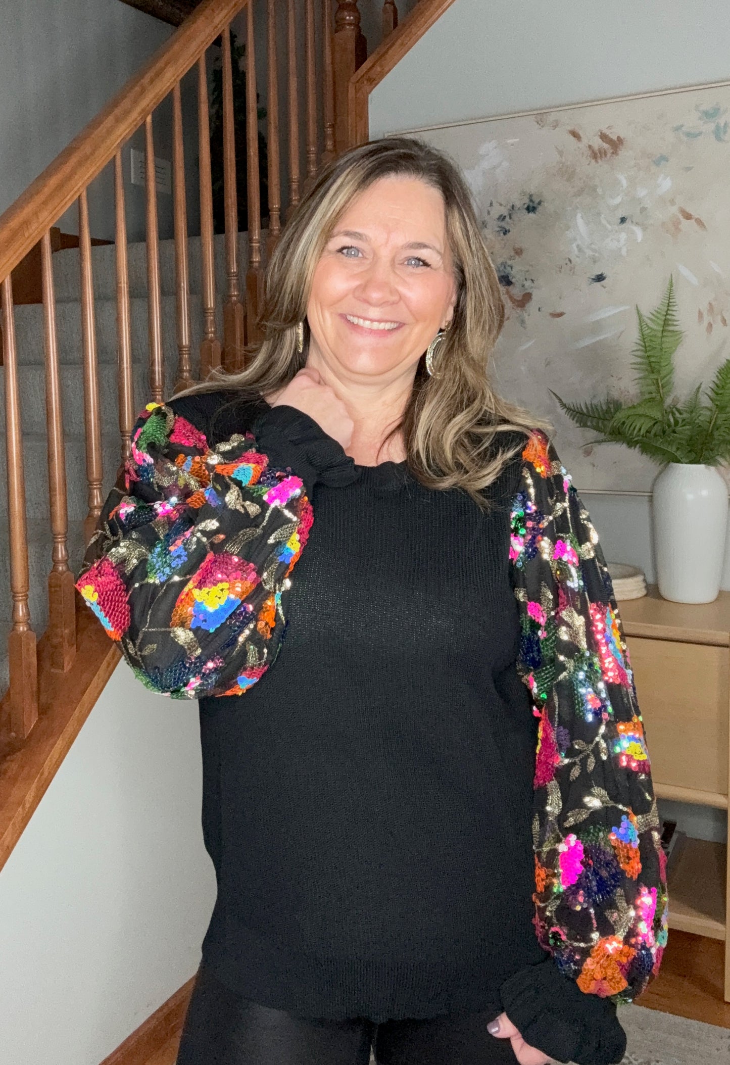 She is the Party Floral Sequins Mesh Sleeve Top